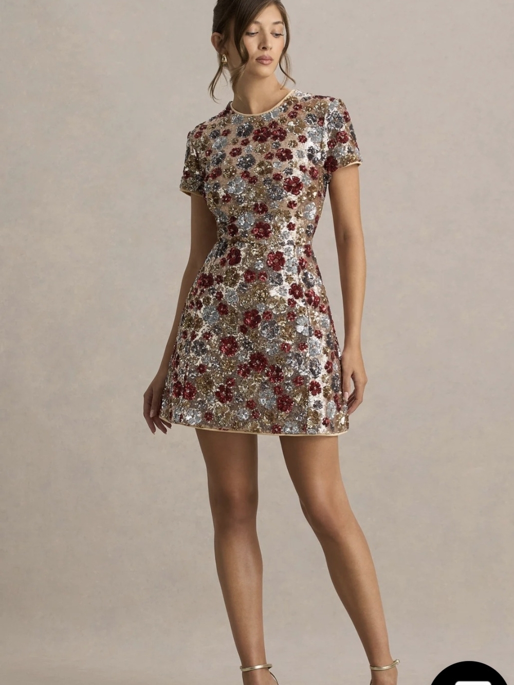 Club L London EIRA Metallic Sequin Floral Mini Dress in Gold, Silver & Red